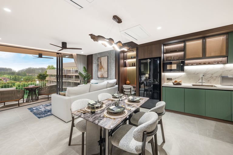 Modern open-plan living space with dining table, kitchen, and seating area overlooking a balcony with mountain views