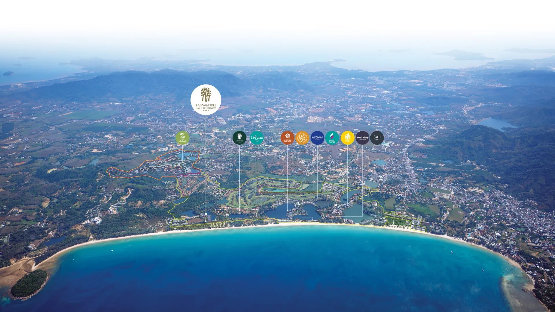 Aerial view of a coastal city with turquoise bay and app icons overlaid above the landscape