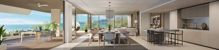 Modern luxury open-plan apartment with floor-to-ceiling windows, ocean view terrace, contemporary furniture, and sleek kitchen