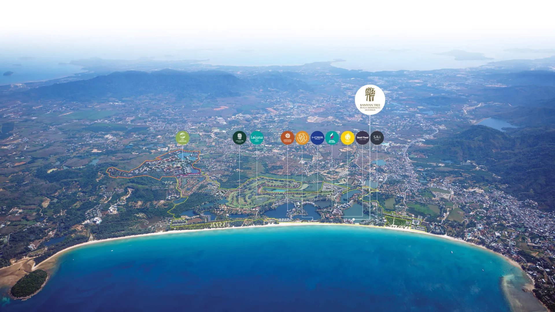 Aerial view of a coastal bay with turquoise water, sandy beach, and surrounding hills with various location icons overlaid