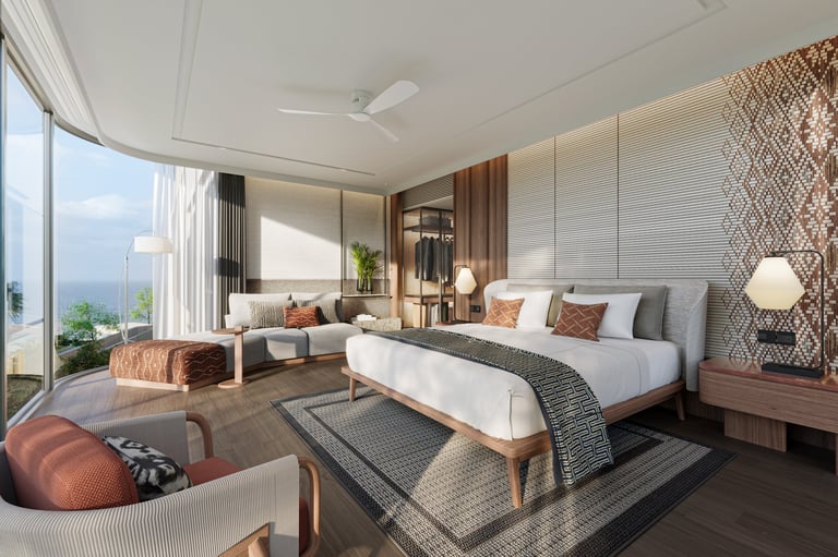 Modern luxury bedroom with king bed, seating area, and floor-to-ceiling windows overlooking city skyline