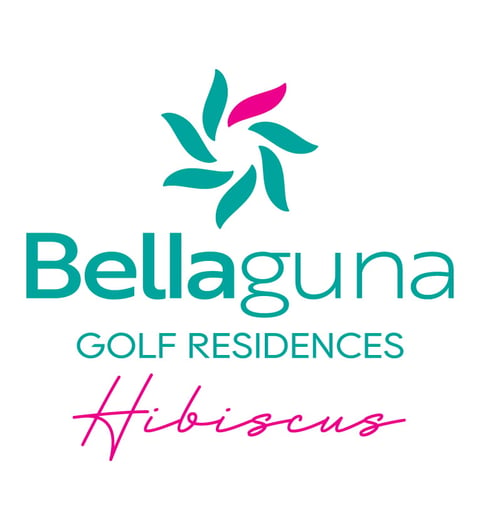 Bellaguna Golf Residences Hibiscus logo featuring teal and pink leaf design with text