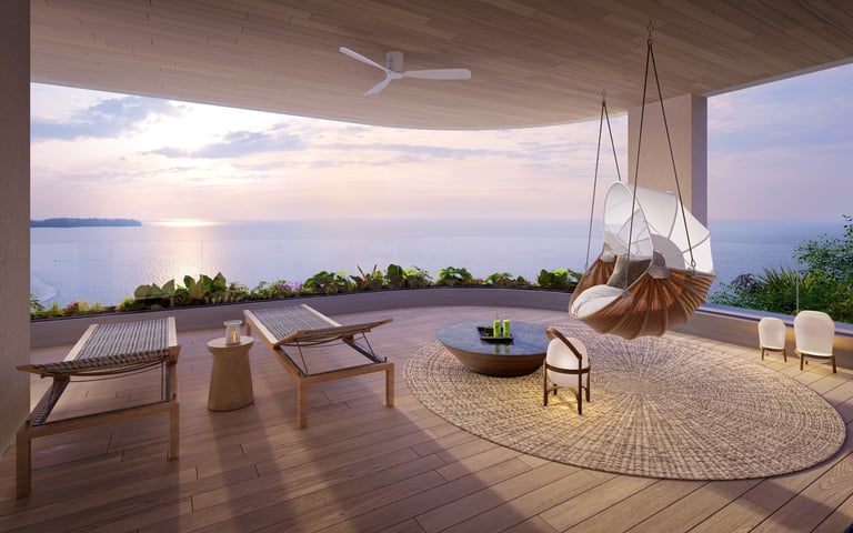 Modern rooftop terrace overlooking a serene bay at sunset, furnished with lounge chairs and hanging swing seating