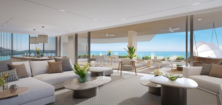 Modern luxury penthouse living room with floor-to-ceiling windows overlooking coastal cityscape and ocean view