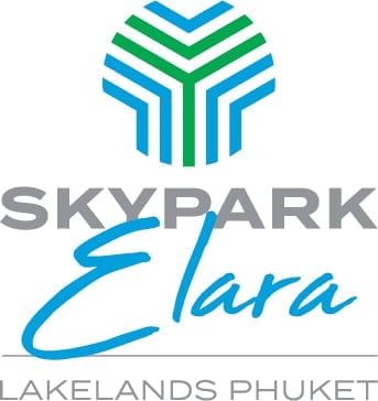 Skypark Clara Lakelands Phuket logo with geometric green and blue chevron pattern above text