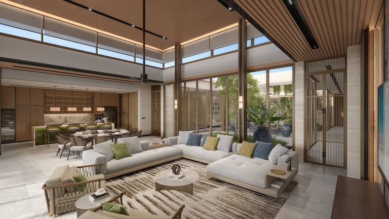 Modern luxury living room with sectional sofa, floor-to-ceiling windows, natural wood accents, and contemporary furnishings overlooking greenery