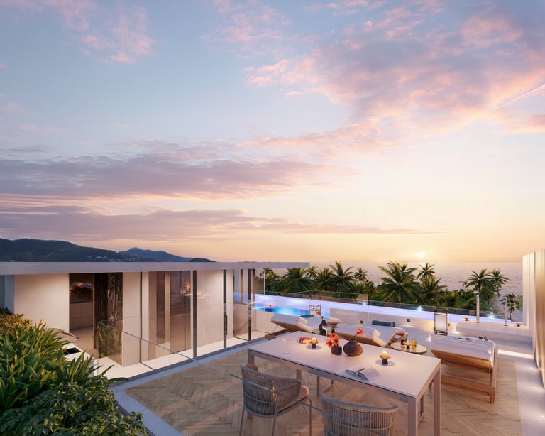 Modern rooftop terrace at sunset with infinity pool, dining table, and mountain ocean views