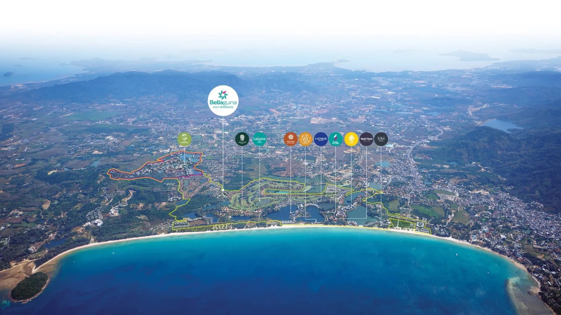 Aerial view of coastal city with turquoise bay and data analytics icons overlaid, representing smart city technology and urban development