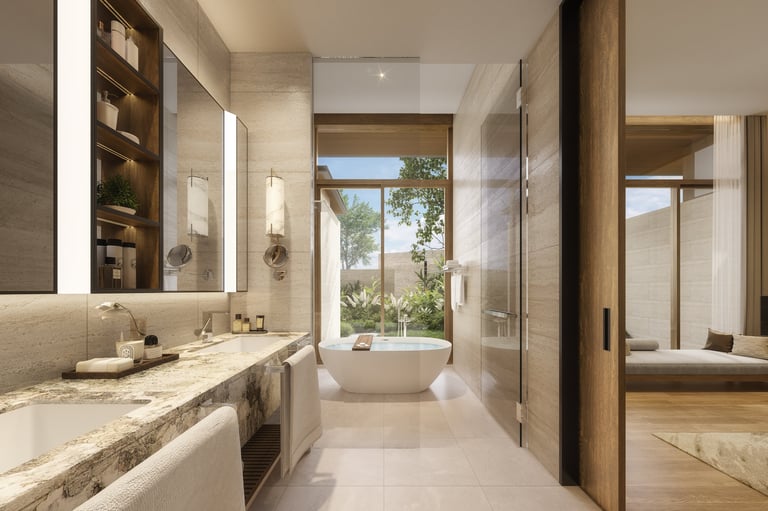 Modern luxury bathroom with double vanity, freestanding tub, marble countertops, and large windows overlooking greenery