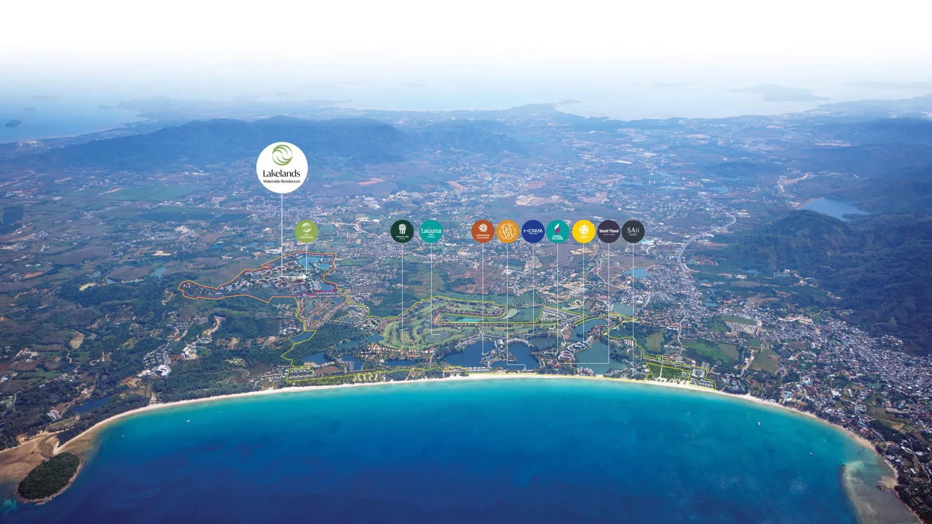 Aerial view of a curved beach with turquoise water and app icons overlaid on inland city landscape