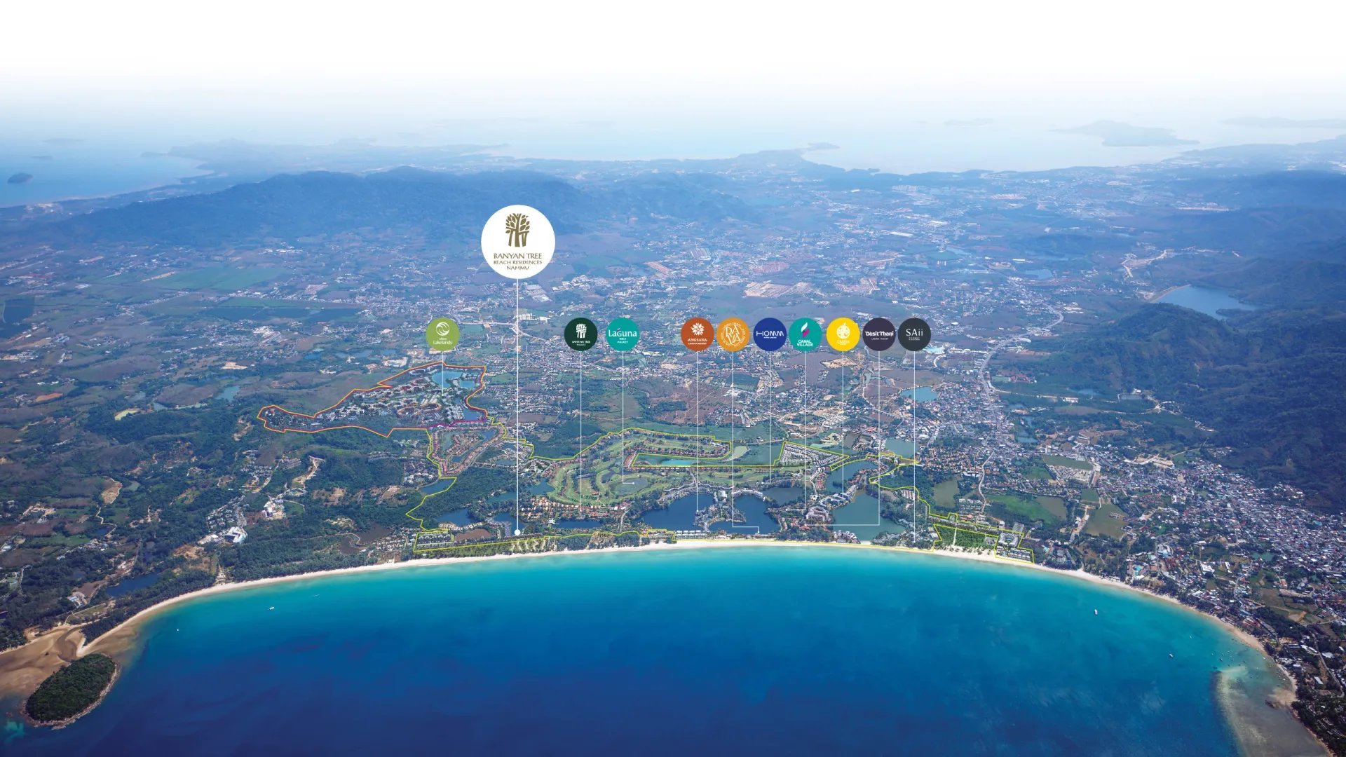 Aerial view of coastal bay with turquoise water and beach, surrounded by mountainous terrain and towns with app icon overlays