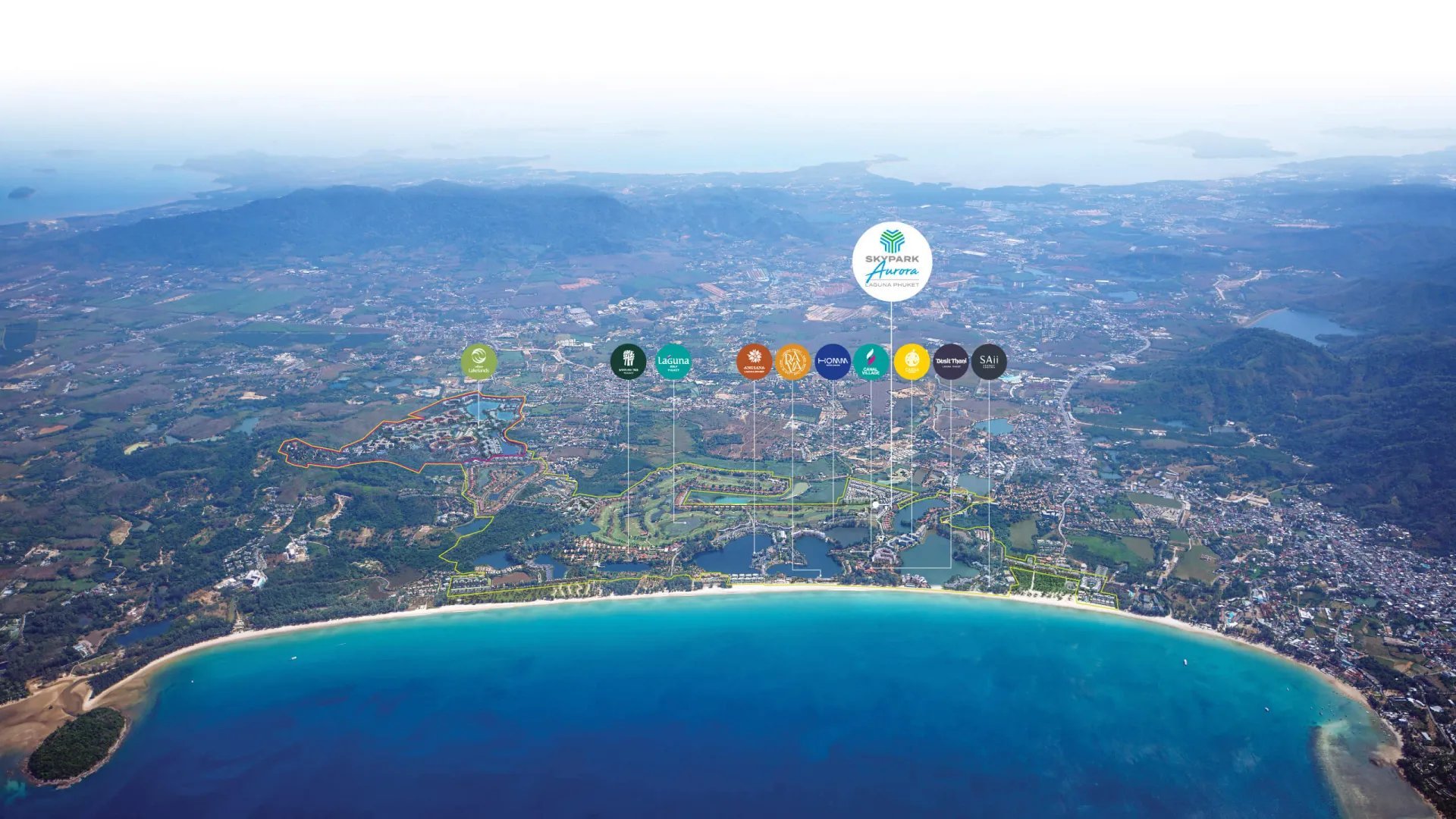 Aerial view of a turquoise bay with coastal towns and mountains, overlaid with colorful app icons