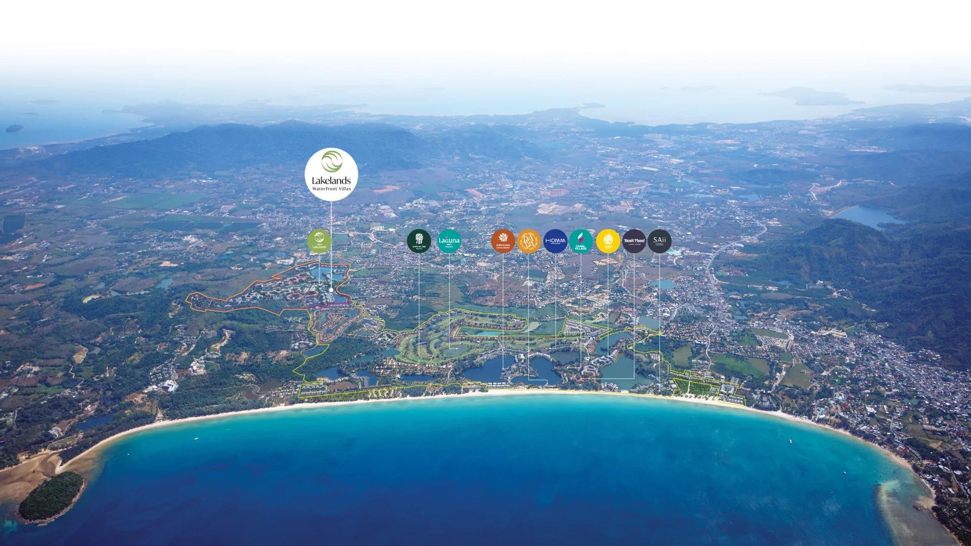 Aerial view of a coastal city with blue bay, mountains, and app icons showing various services above the cityscape.