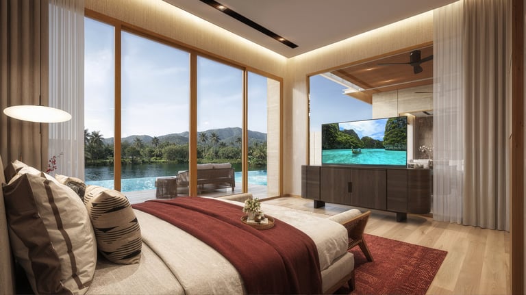 Modern bedroom with floor-to-ceiling windows overlooking mountains and lake, featuring a bed with burgundy bedding and wall-mounted TV