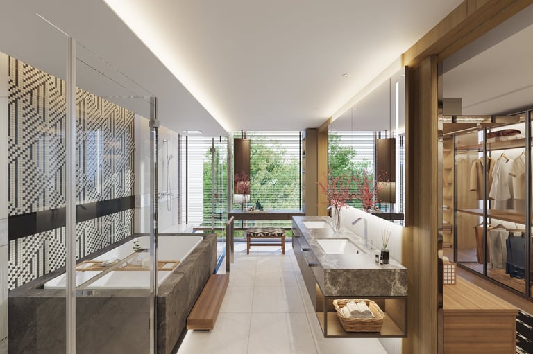 Modern luxury bathroom with dual sinks, freestanding tub, walk-in closet, and floor-to-ceiling windows overlooking greenery
