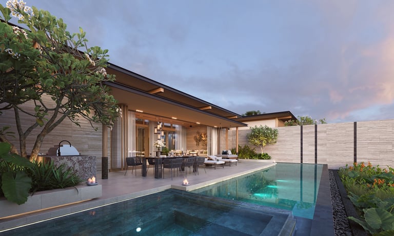 Modern home exterior with illuminated patio, outdoor furniture, and swimming pool at dusk