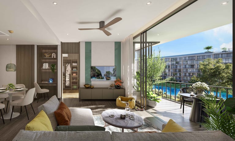 Modern luxury apartment with open-concept living area, pool view balcony, contemporary furnishings, and floor-to-ceiling windows overlooking city and water
