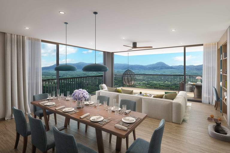 Modern luxury penthouse dining and living area with floor-to-ceiling windows overlooking mountain landscape