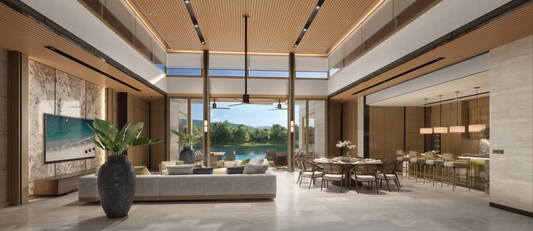 Modern luxury living room with floor-to-ceiling windows, skylight, contemporary furnishings, and expansive views of landscaped grounds and pool